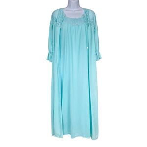 Vintage 70s Peignoir Berkliff Nightgown Robe Womens M Blue Lace Nylon